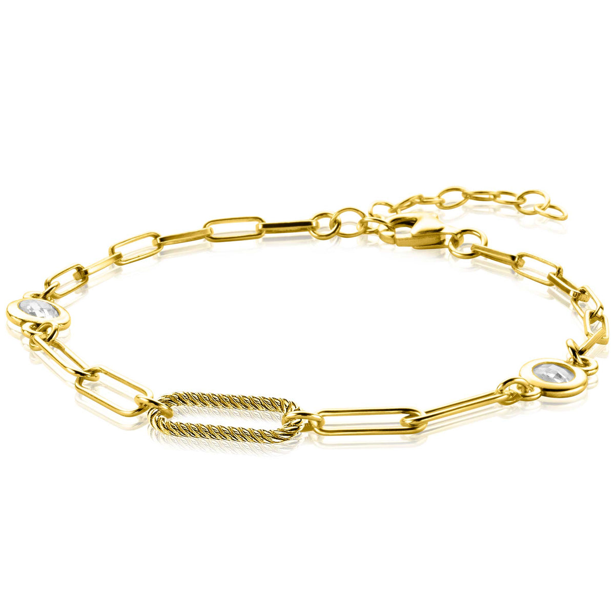 Gouden armband met schakels en ronde elementen, versierd met een glanzende steen.