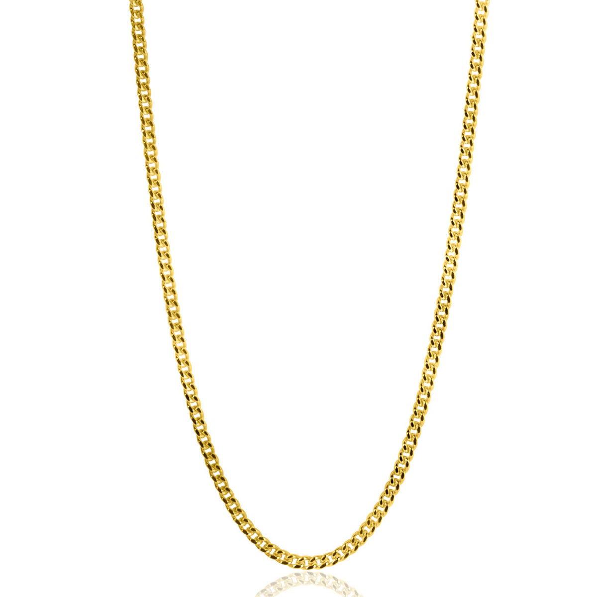 Een gepolijste Zinzi Ketting Goud Zglg45 1 wordt getoond op een effen witte achtergrond, waardoor het strakke 14 karaat gouden ontwerp en het uniforme gourmet schakelpatroon worden benadrukt.