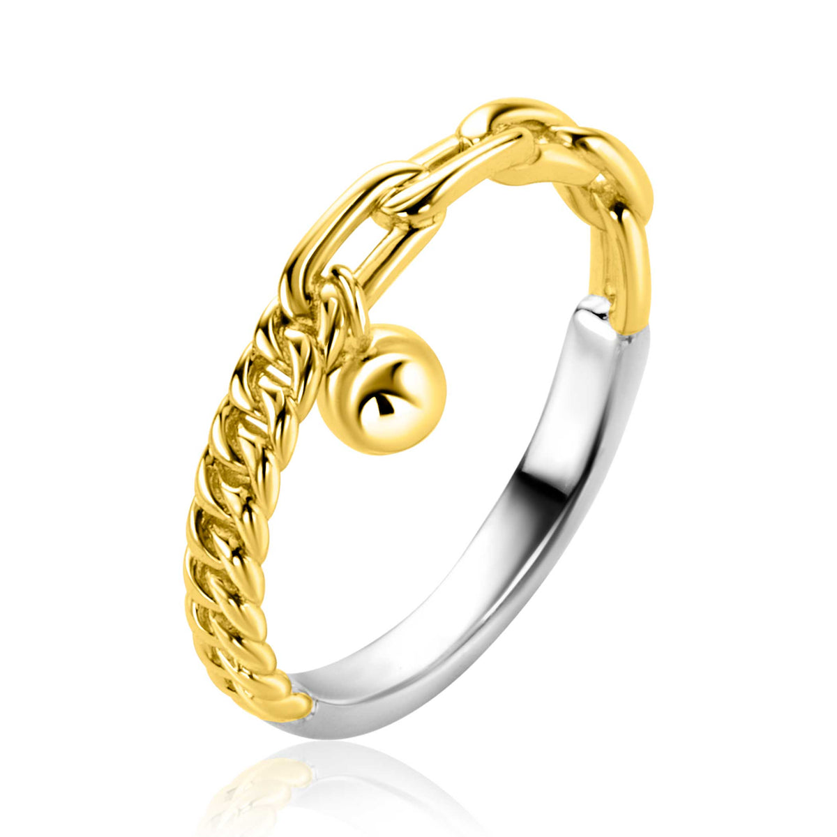 Gouden ring met schakels en een bolletje, gedeeltelijk zilver gekleurd.