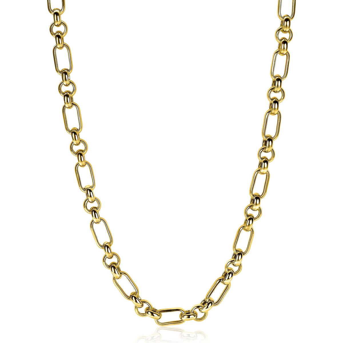 Gouden ketting met schakelontwerp, gemaakt van verguld metaal.