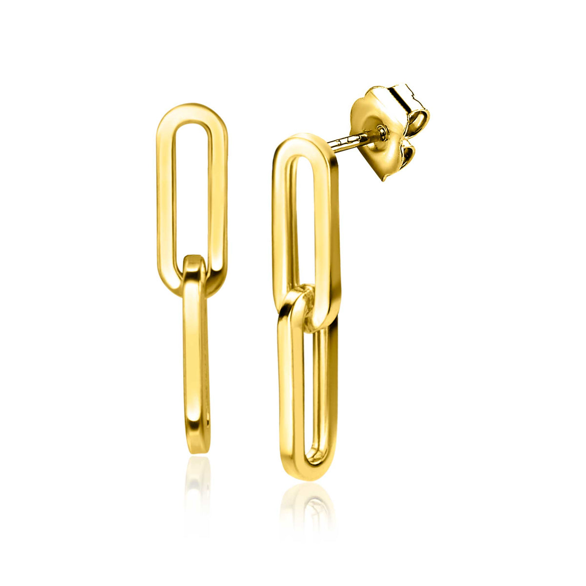 Gouden oorbellen met een moderne schakelsluiting in een minimalistisch ontwerp.