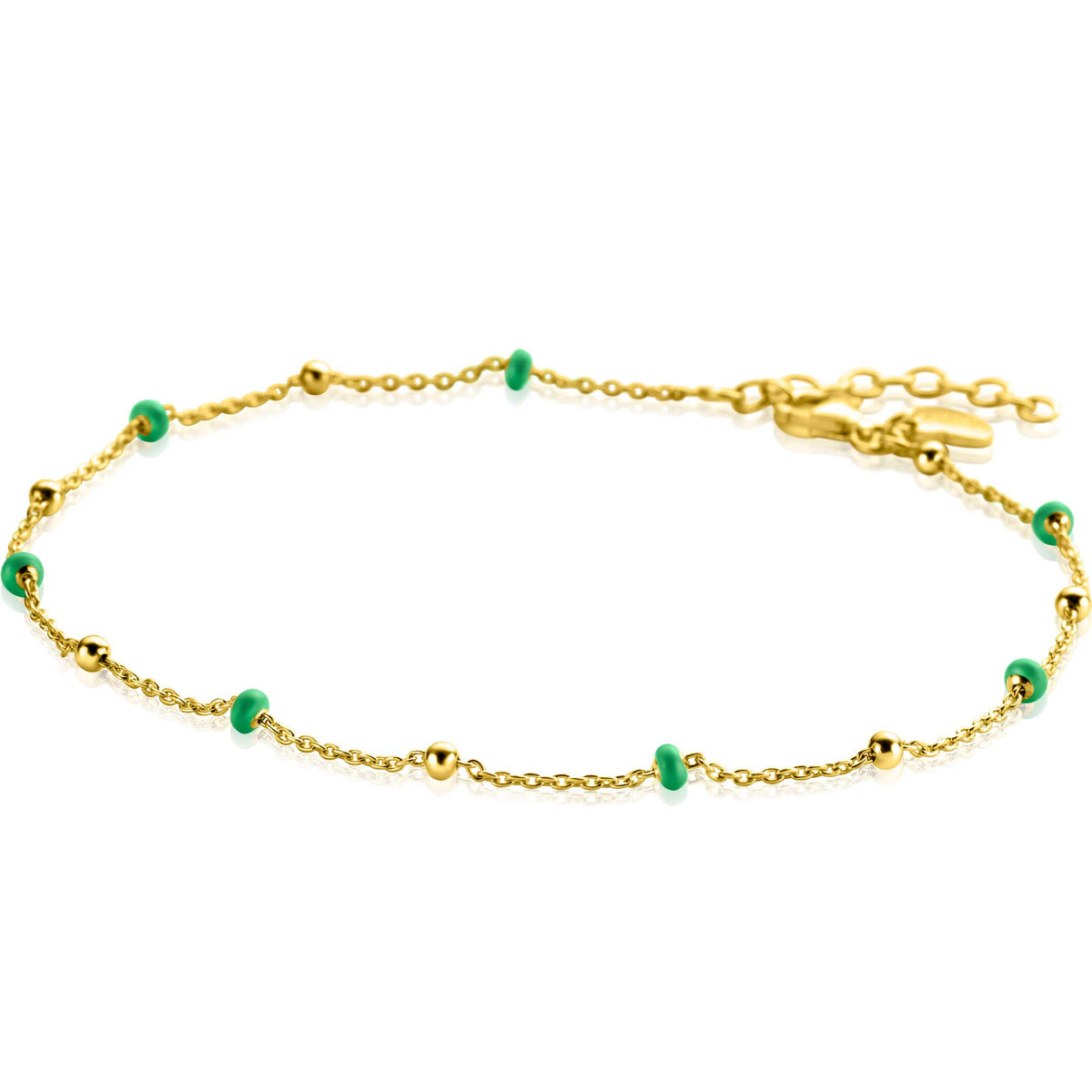 Gouden ketting met groene kralen en een delicate schakelstructuur.