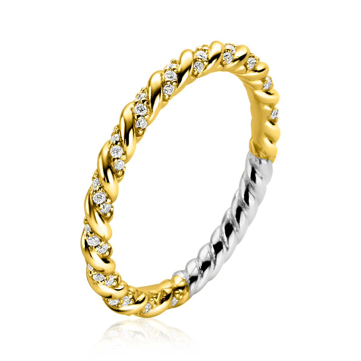 Gouden ring met gedraaide band en zilveren accent, versierd met kleine steentjes.