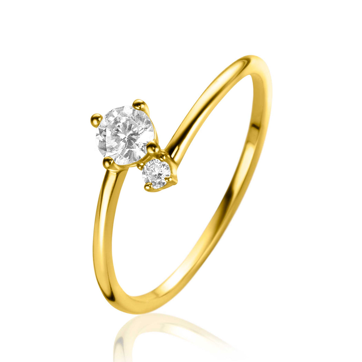 Gouden ring met twee heldere, ronde zirkonia's in verschillende maten.