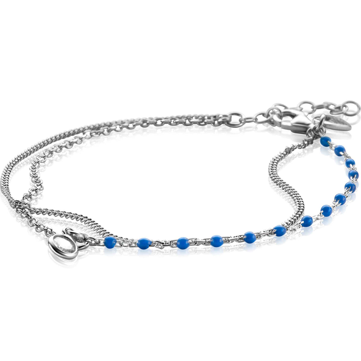 Zilveren armband met blauwe kralen en een dubbele kettingstructuur.