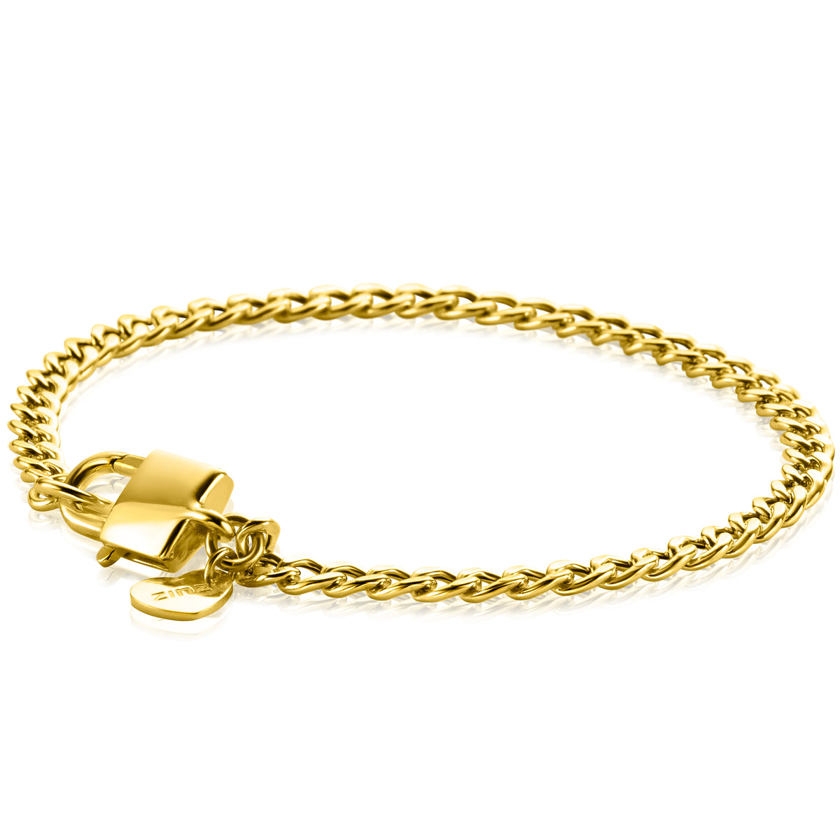 Gouden armband van gevlochten schakels met een slot en een kleine bedel.