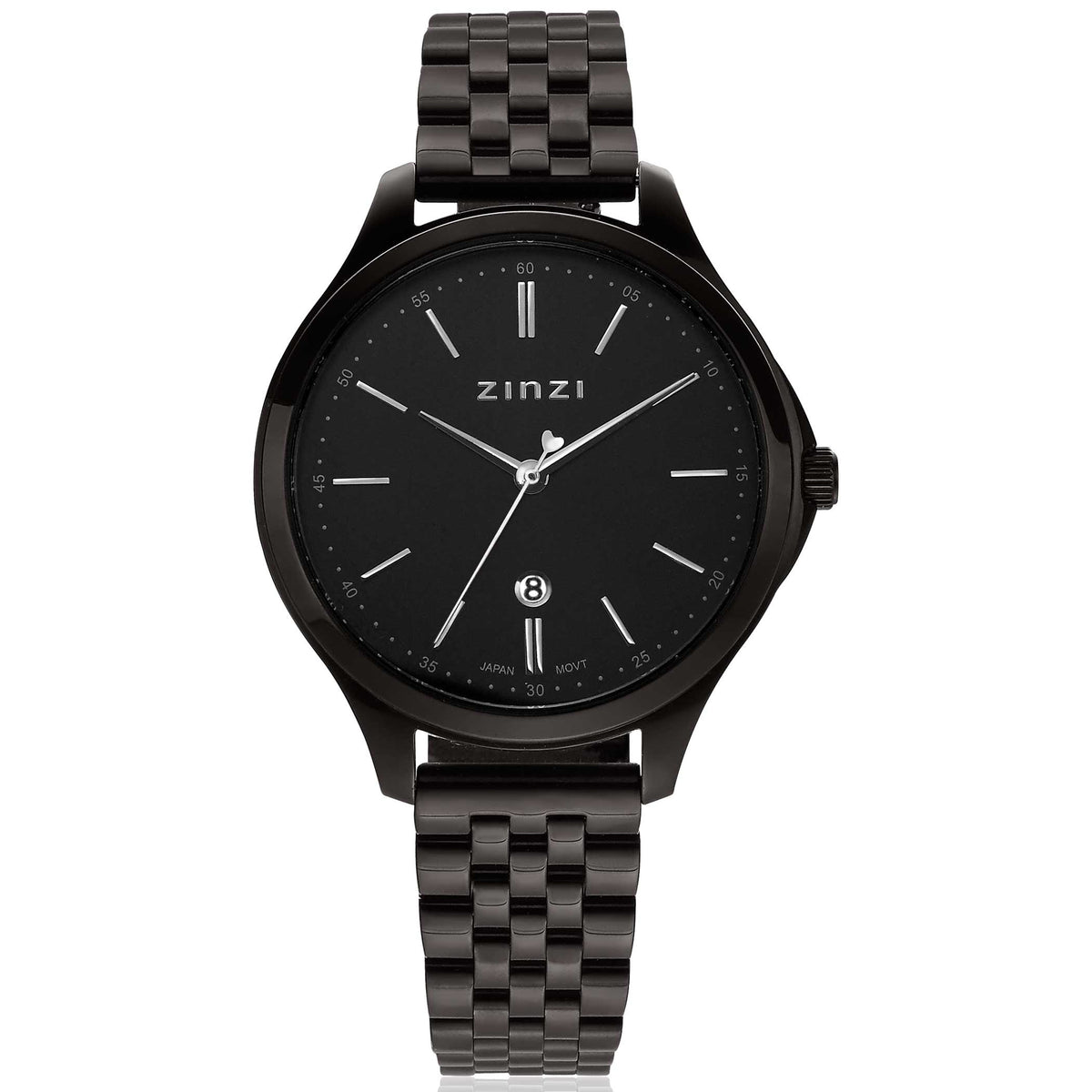 Zwart stalen horloge met een zwarte wijzerplaat en een schakelband.