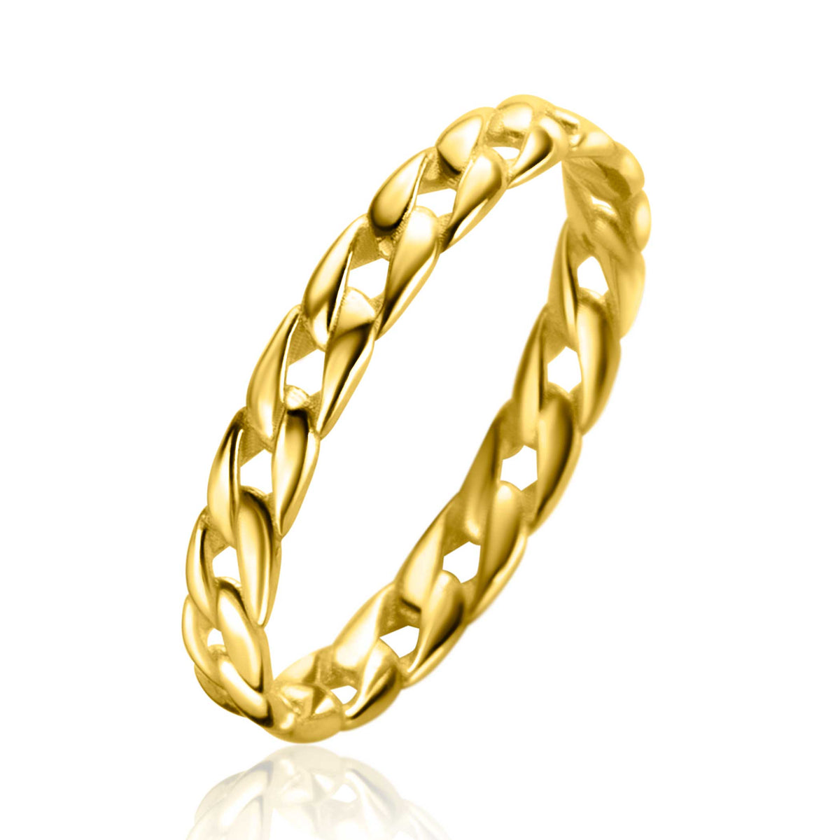 Gouden ring met een gevlochten ontwerp en glanzende afwerking.