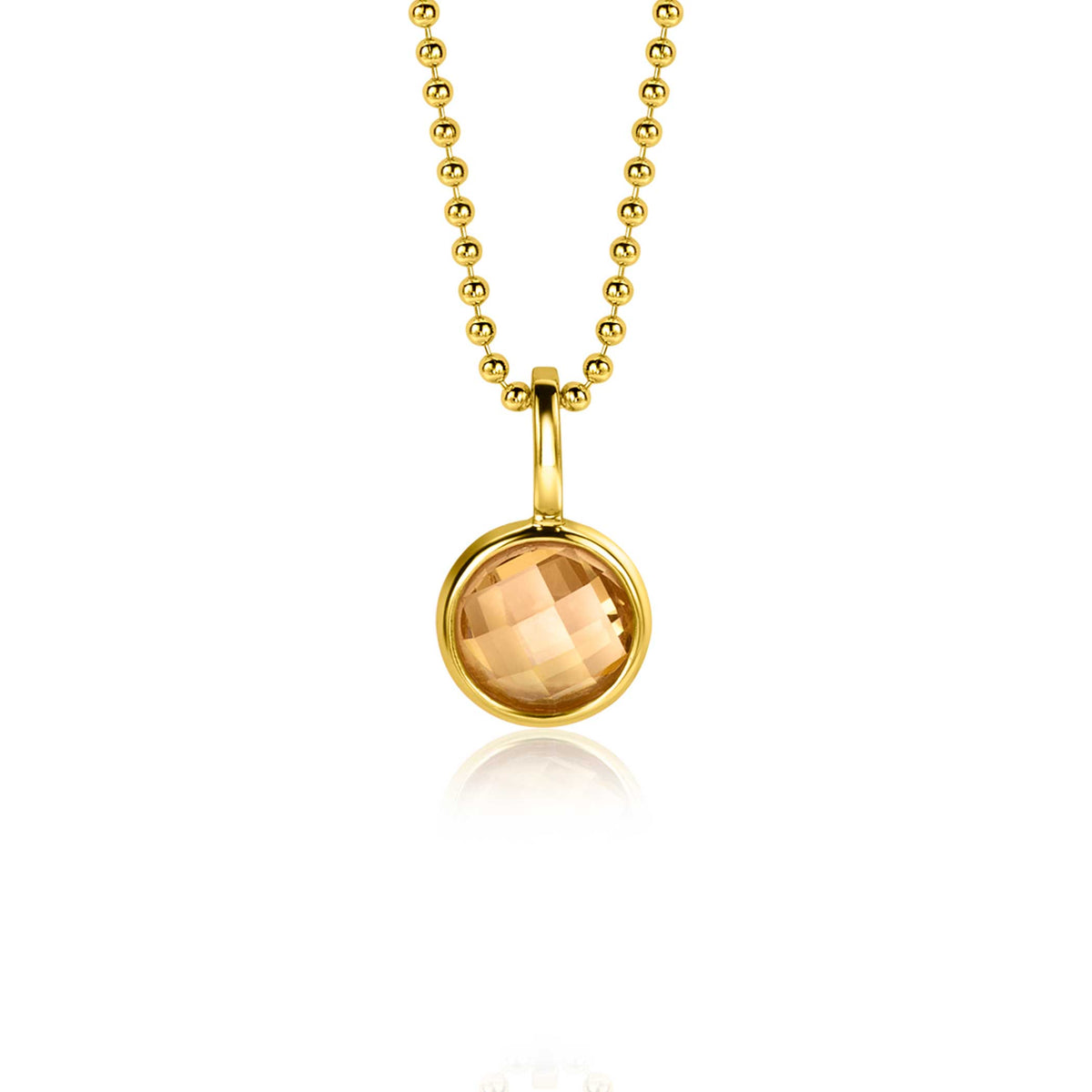 Gouden hanger met een ronde, lichtbruine steen aan een bolletjesketting.