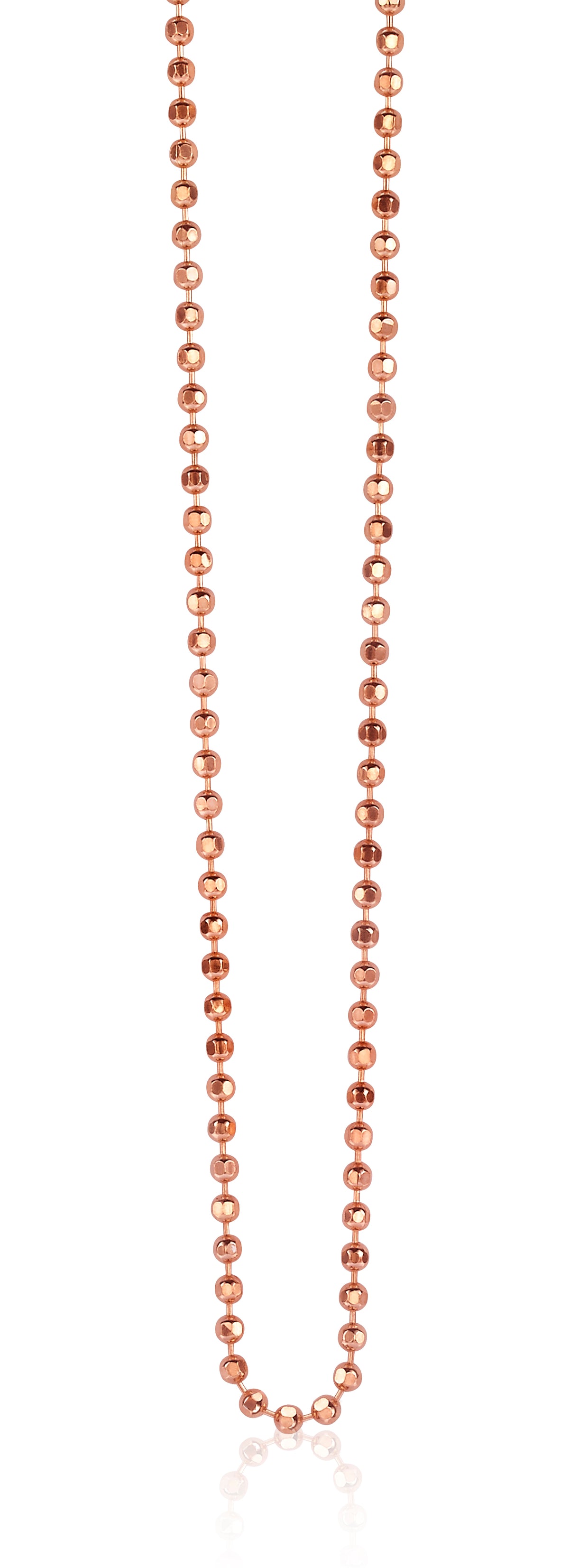 Roségouden ketting met bolvormige schakels en een glanzende afwerking.