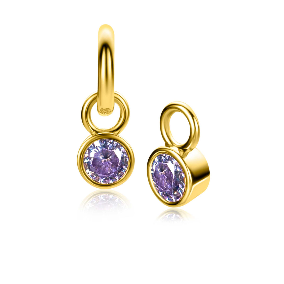 Gouden oorbellen met een paarse zirkonia, ronde hanger met een glanzende afwerking.