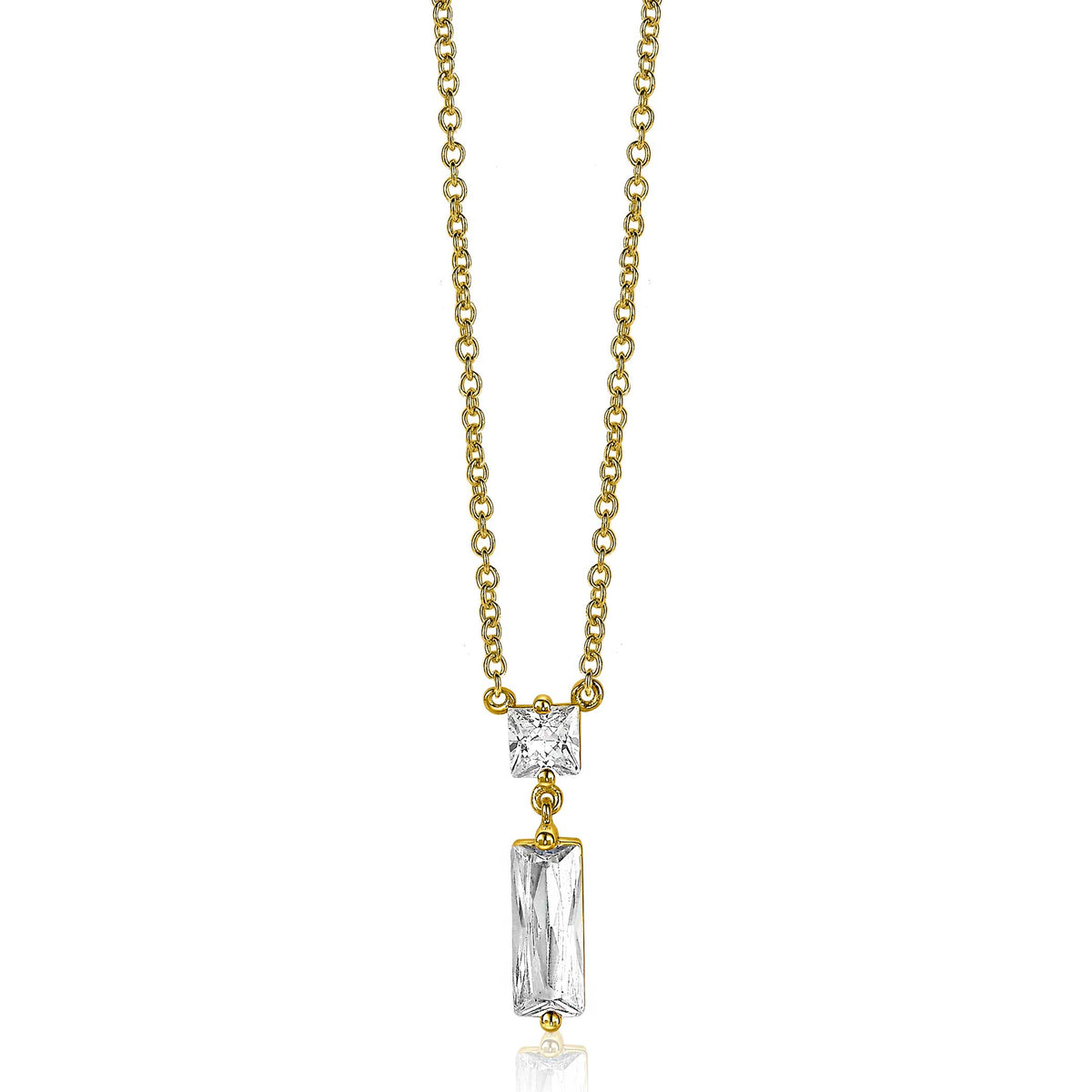 Gouden ketting met een gestructureerd rechthoekig en een vierkant kristal, hangend aan een fijne schakelketting.