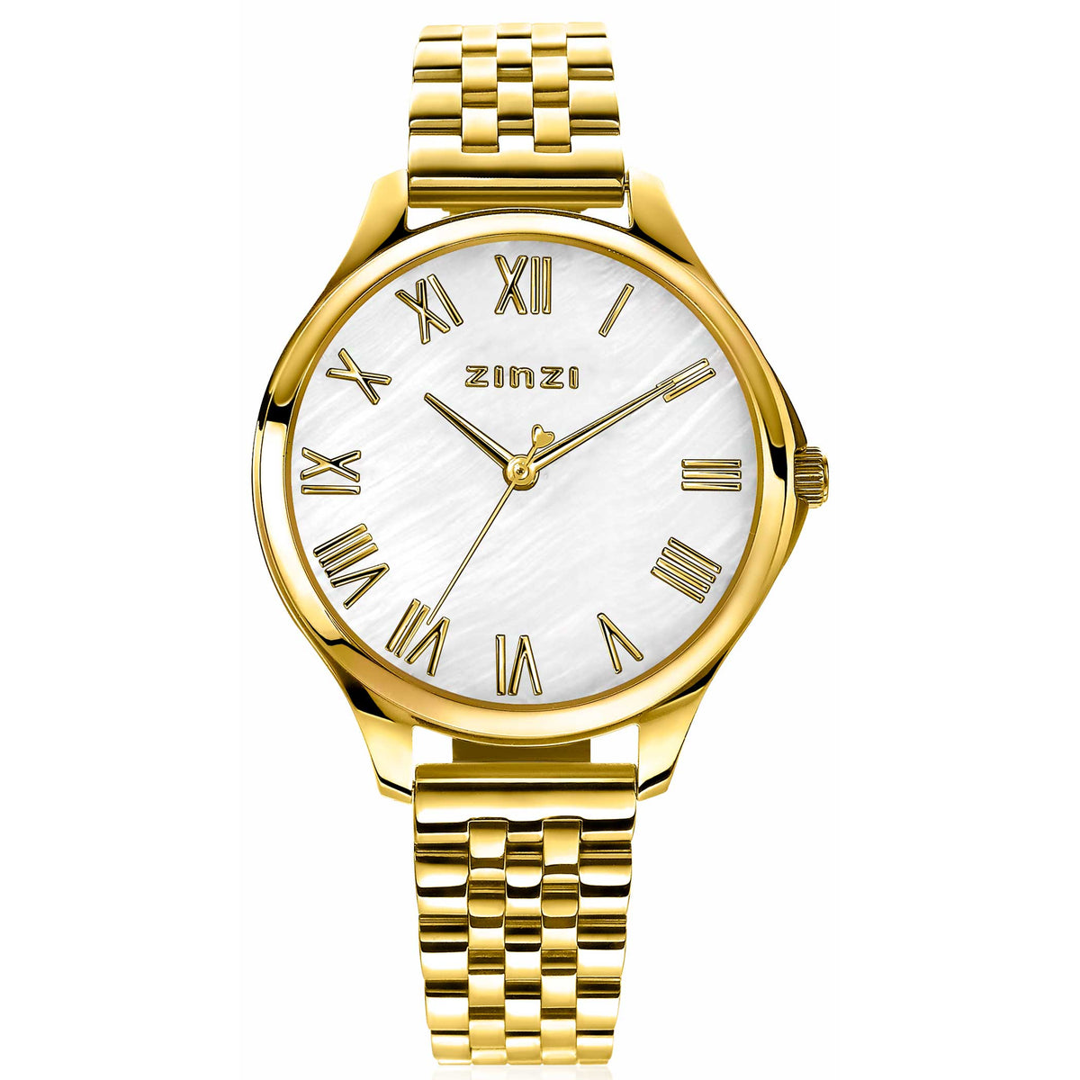 Goudkleurig horloge met witte wijzerplaat en Romeinse cijfers, voorzien van een schakelband.