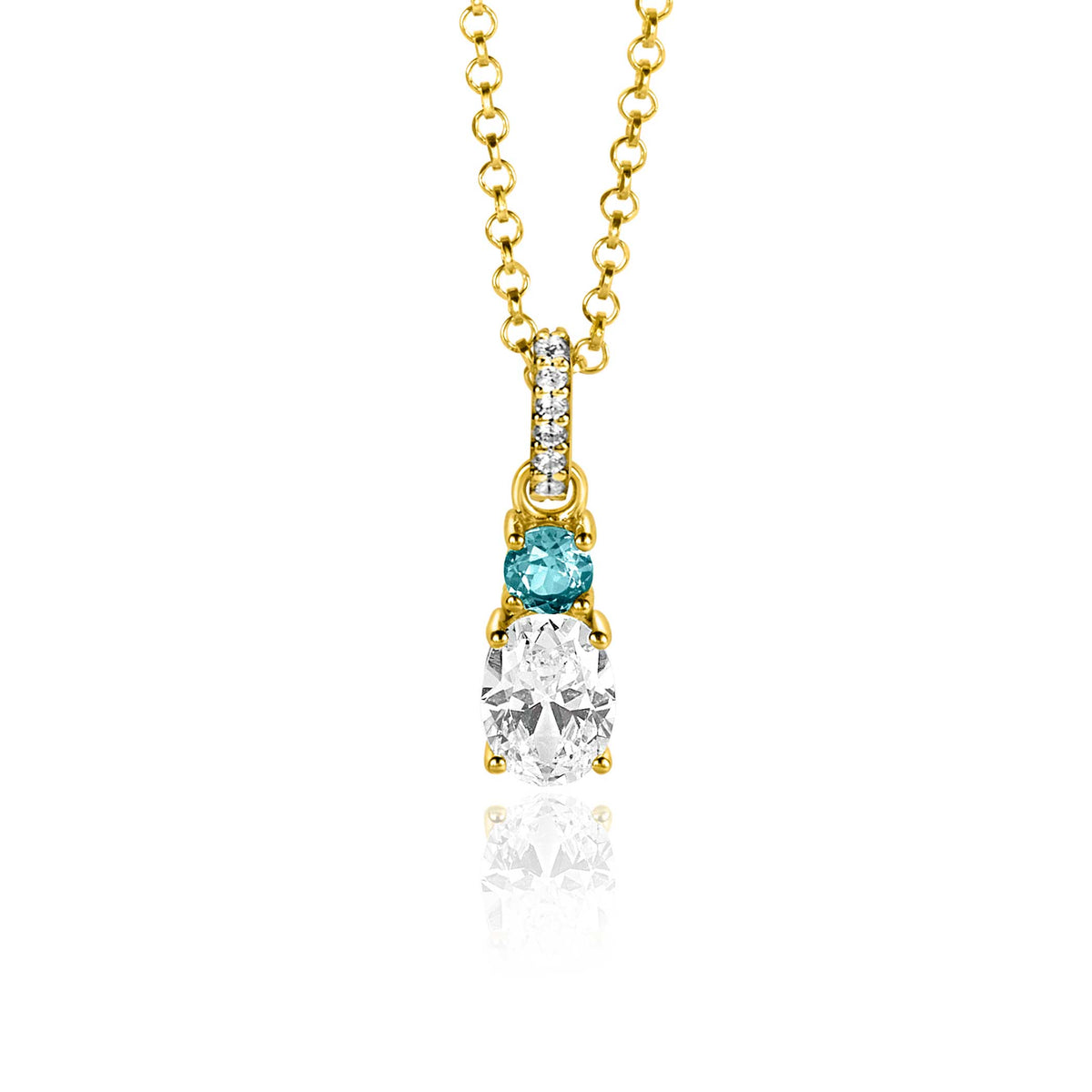 Gouden hanger met een grote heldere steen, een turquoise steen en kleine witte steentjes, aan een fijne ketting.