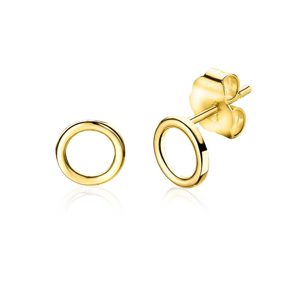 Gouden oorbellen met een ronde, open schijfvorm en een glanzende afwerking.