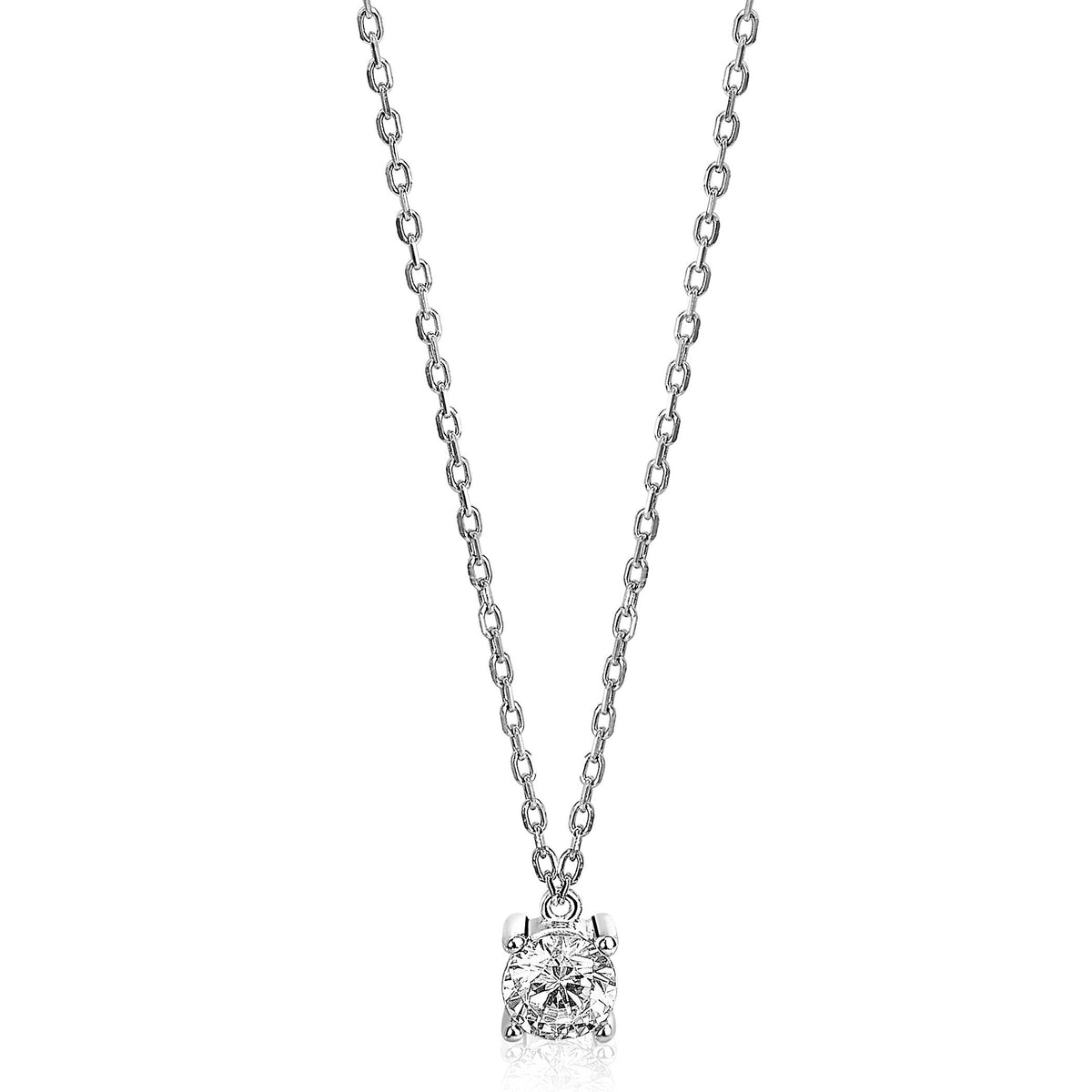 Zilveren ketting met een vierkante hanger en een heldere steen.