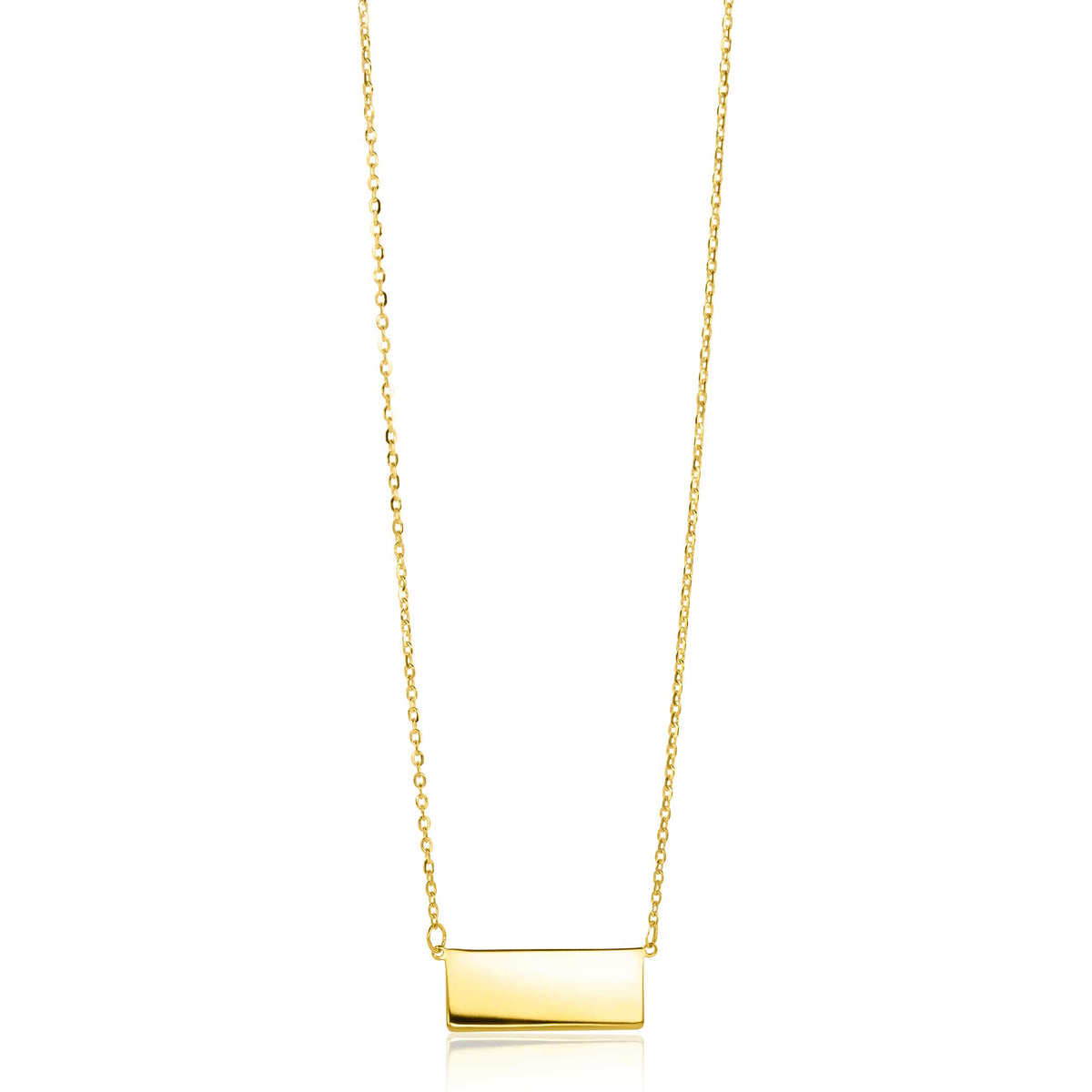 Gouden ketting met een rechte, glanzende schijf als hanger aan een fijne schakelketting.
