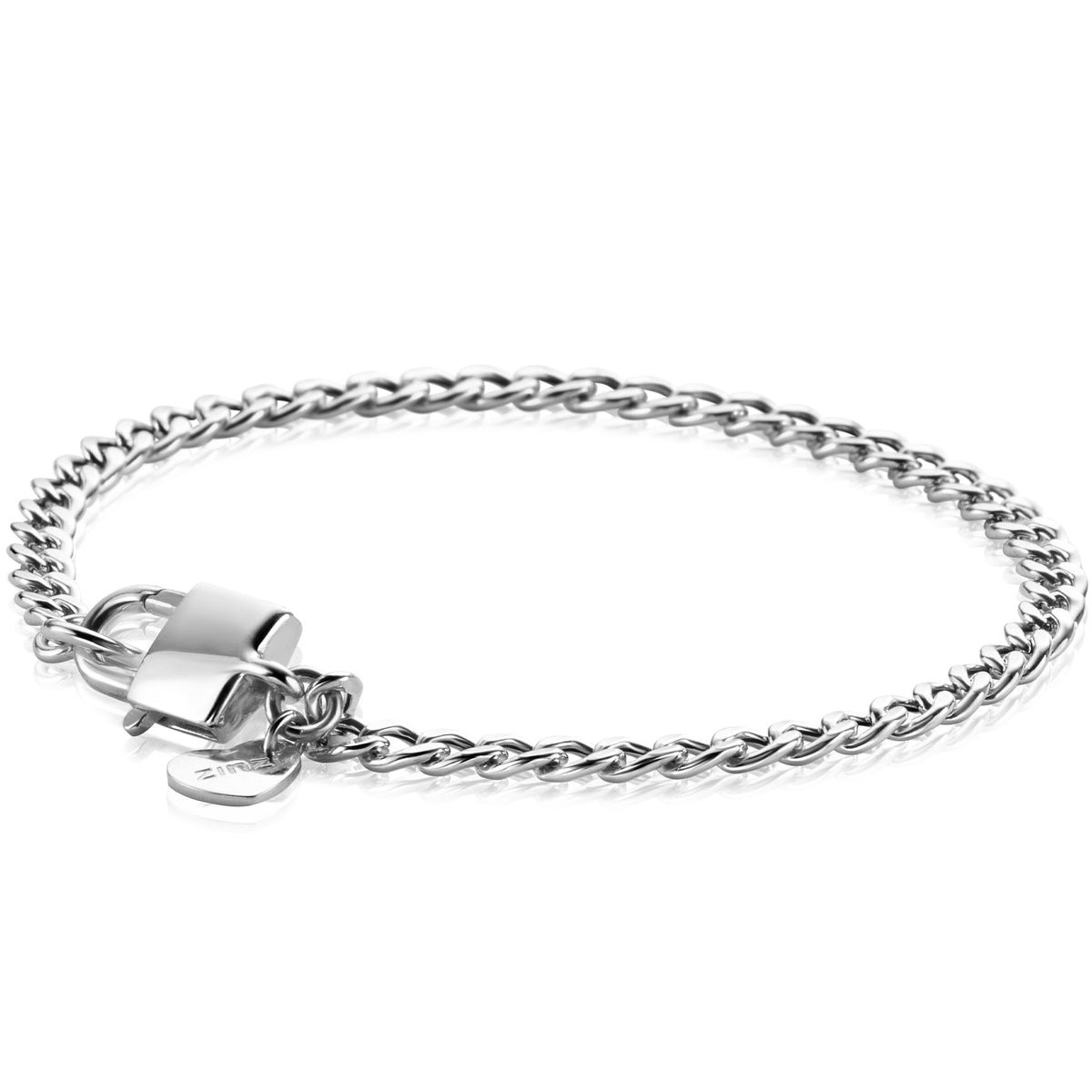Zilveren armband met een schakelontwerp en een sluiting in de vorm van een clip.