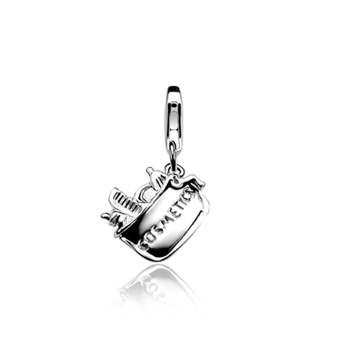 De Zinzi Hangers Zilver Charms145 is een zilveren bedel in de vorm van een toilettas, gegraveerd met COSMETICS, met kleine make-up items. Perfect om glamour toe te voegen aan uw armband of ketting, het is gemakkelijk te bevestigen als een chique hanger.