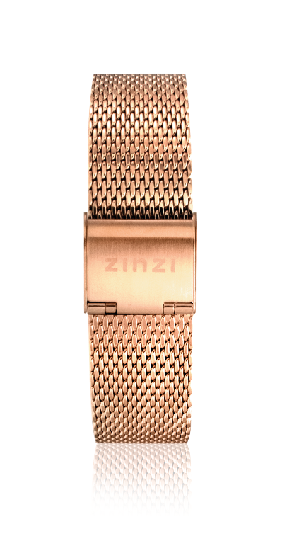 Roségouden horloge met een mesh-band en een sluiting met het logo.