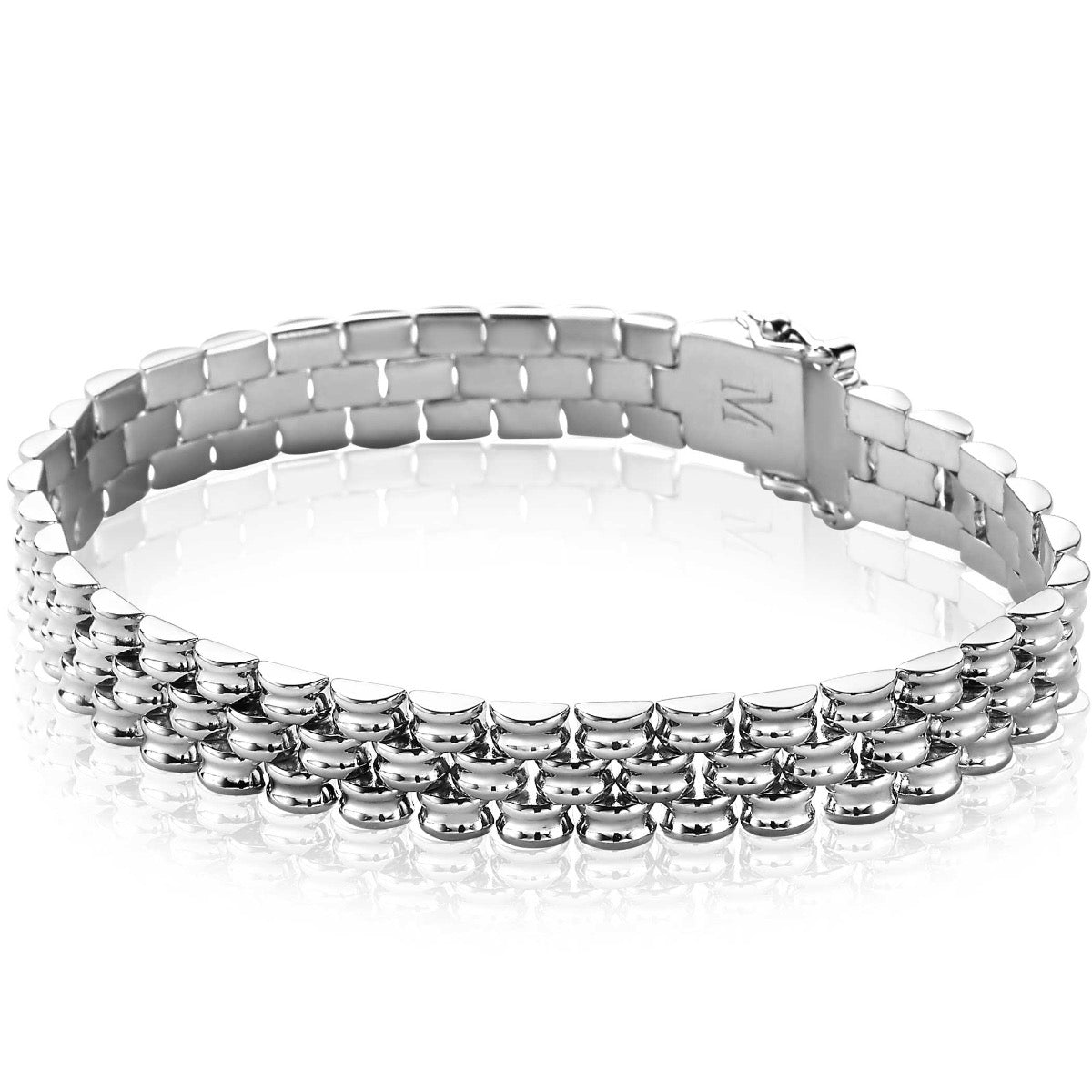Zilveren armband met meerdere rijen ronde schijven en een sluiting.