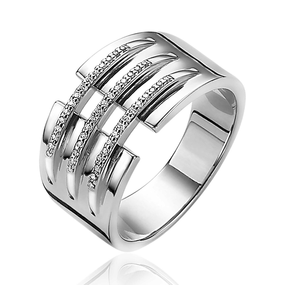 Zilveren ring met meerdere openingen en kleine steentjes in een modern ontwerp.