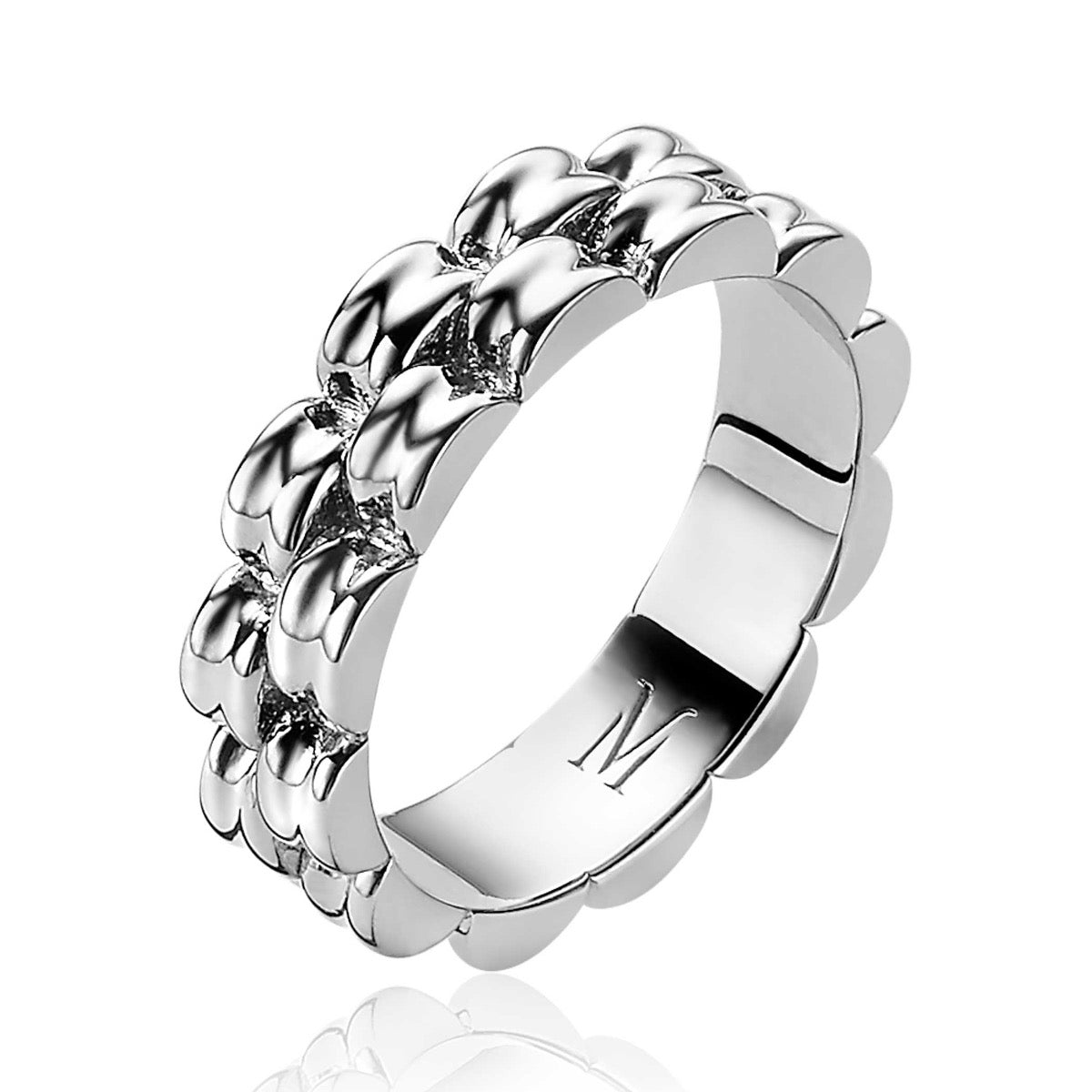 Zilveren ring met een golvende, bloemachtige structuur en glanzende afwerking.