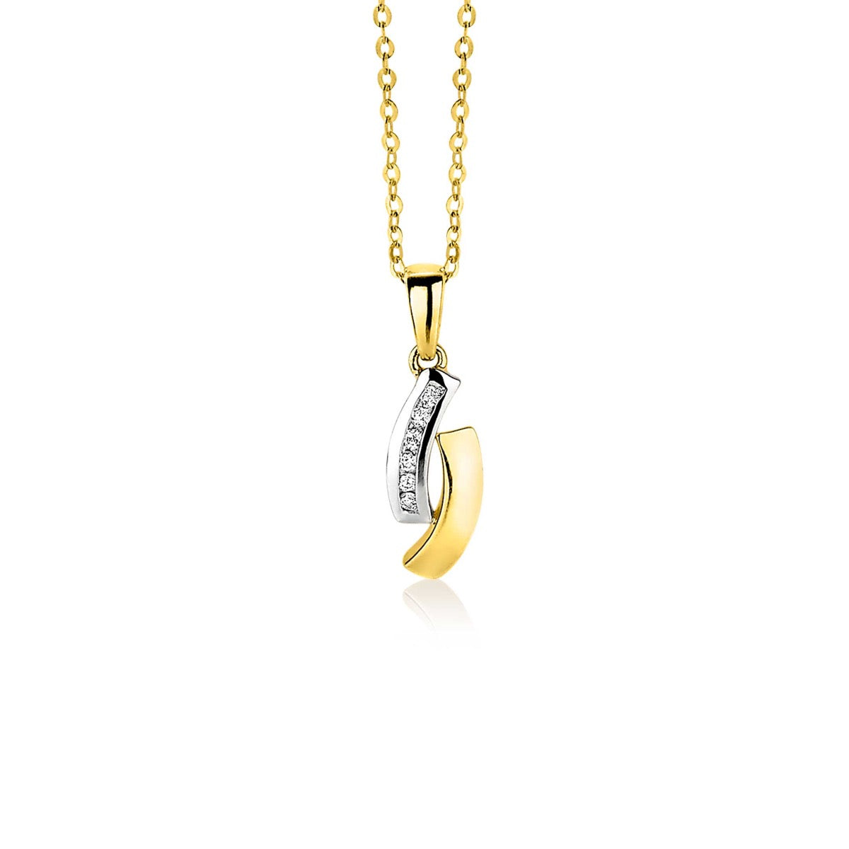 Gouden hanger met een zilveren en gouden golfvorm, versierd met kleine heldere steentjes.