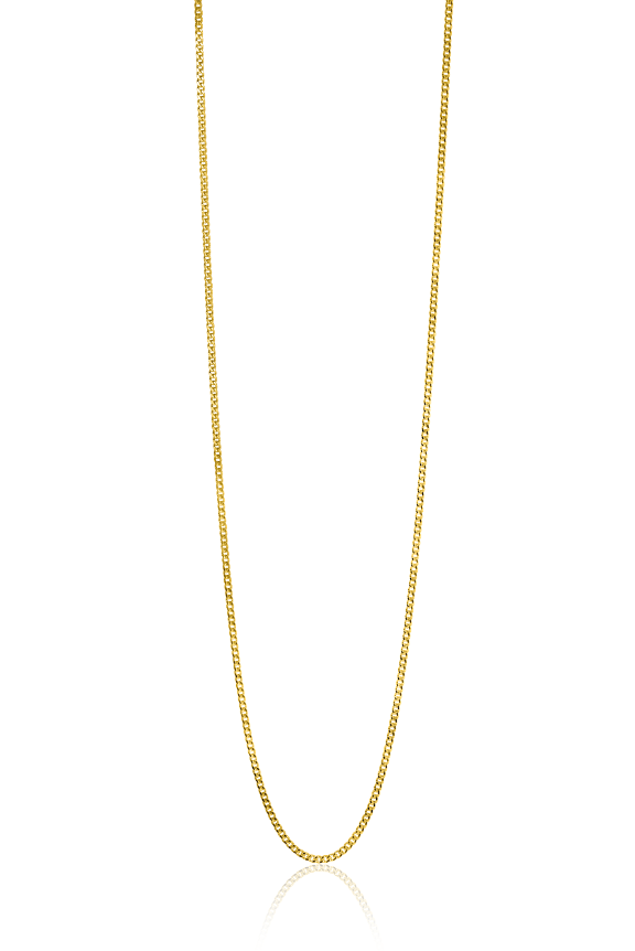 Gouden ketting met een fijne, glanzende schakelstructuur.