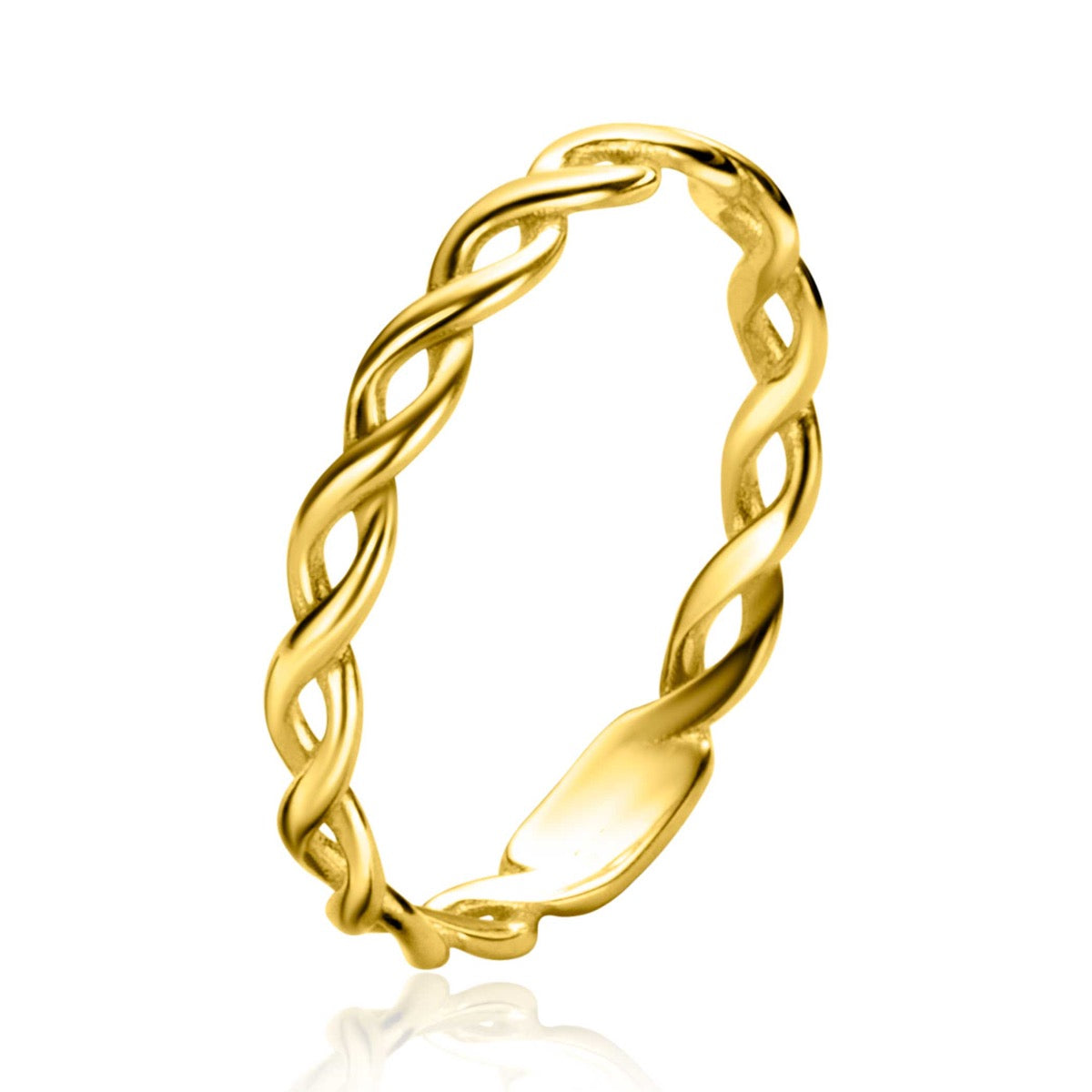 Gouden ring met een gedraaid ontwerp en een glanzende afwerking.