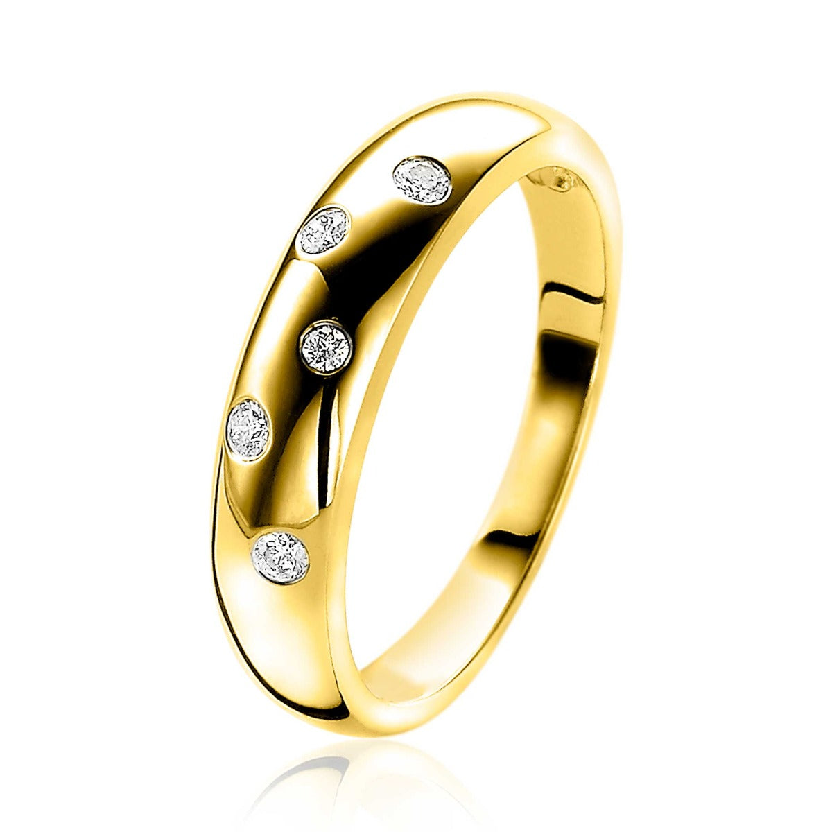 Gouden ring met vijf kleine, heldere steentjes in een golvende vorm.