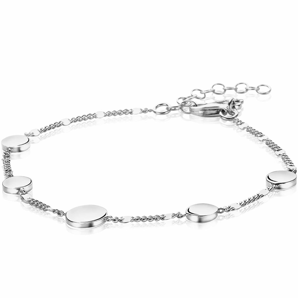 Zilveren armband met ronde schijven en een schakelsysteem voor verstelbaarheid.