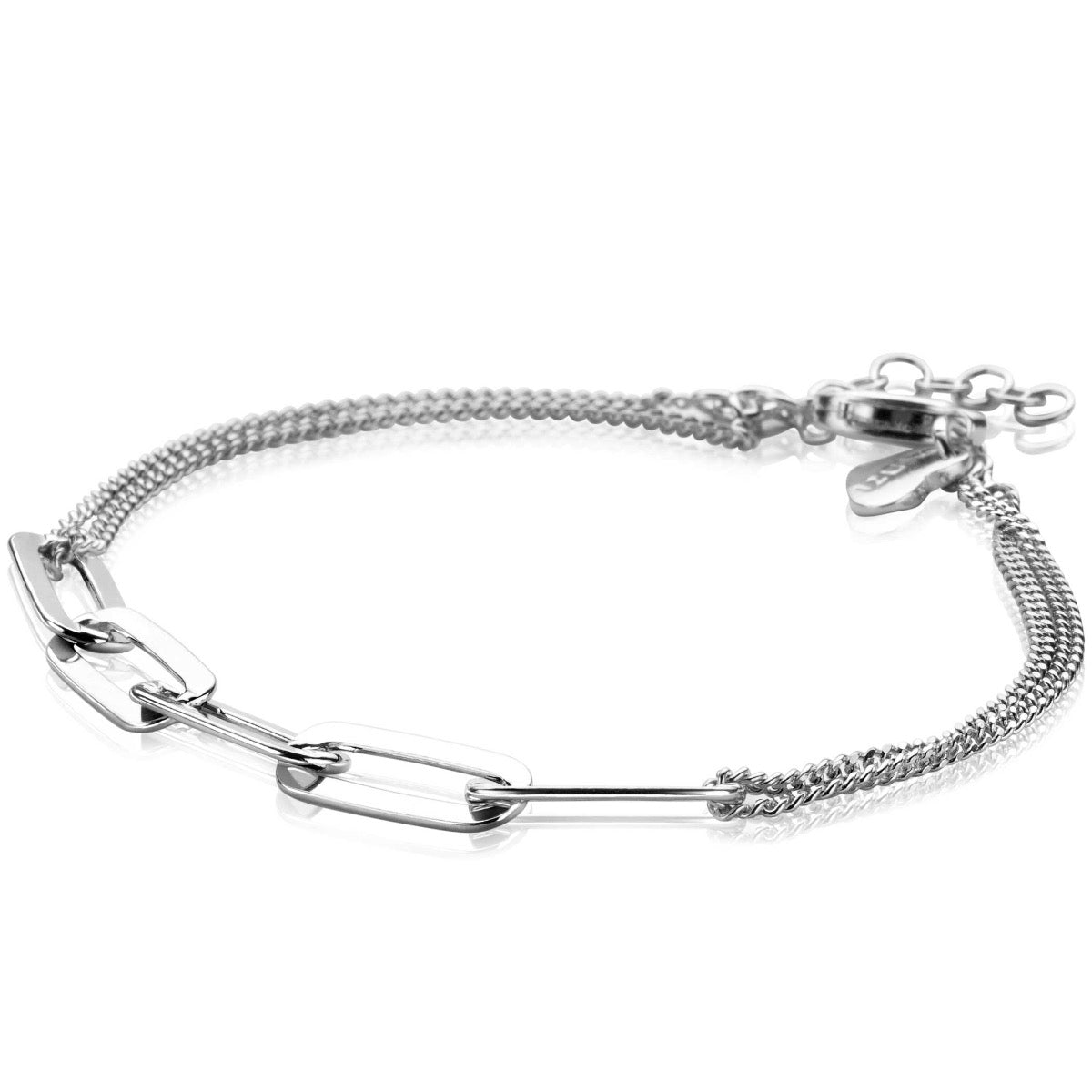 Zilveren armband met schakels en een fijne mesh-band, voorzien van een karabijnsluiting.