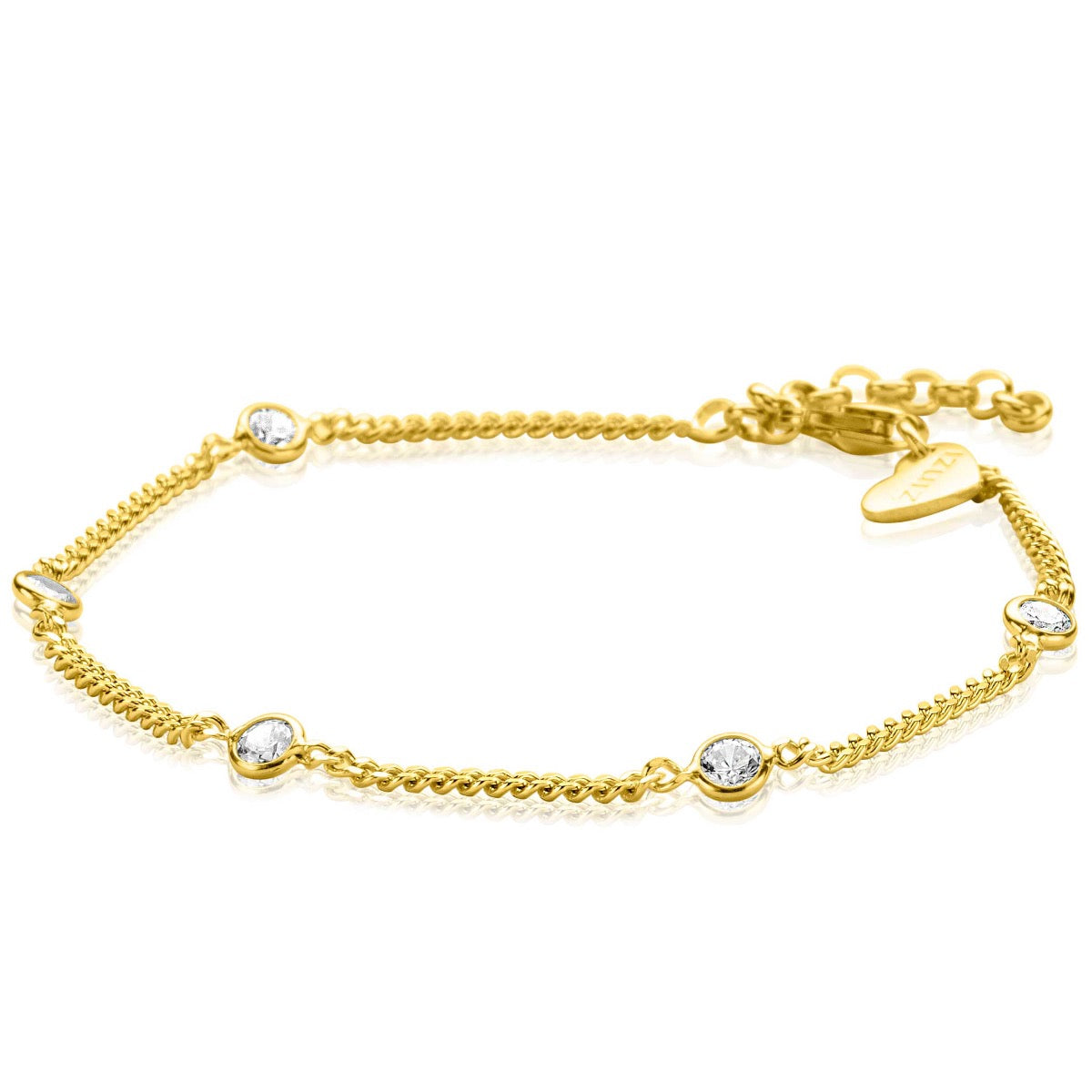 Gouden armband met schakels en vijf heldere steentjes, afgewerkt met een hartvormige sluiting.