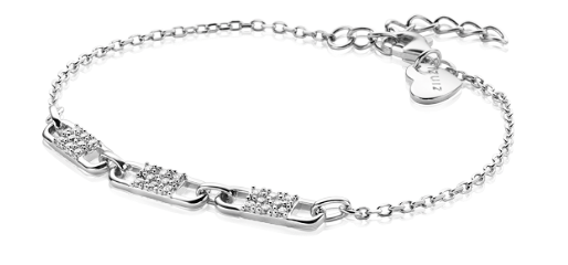 Zilveren armband met drie schakels, versierd met kleine heldere steentjes.