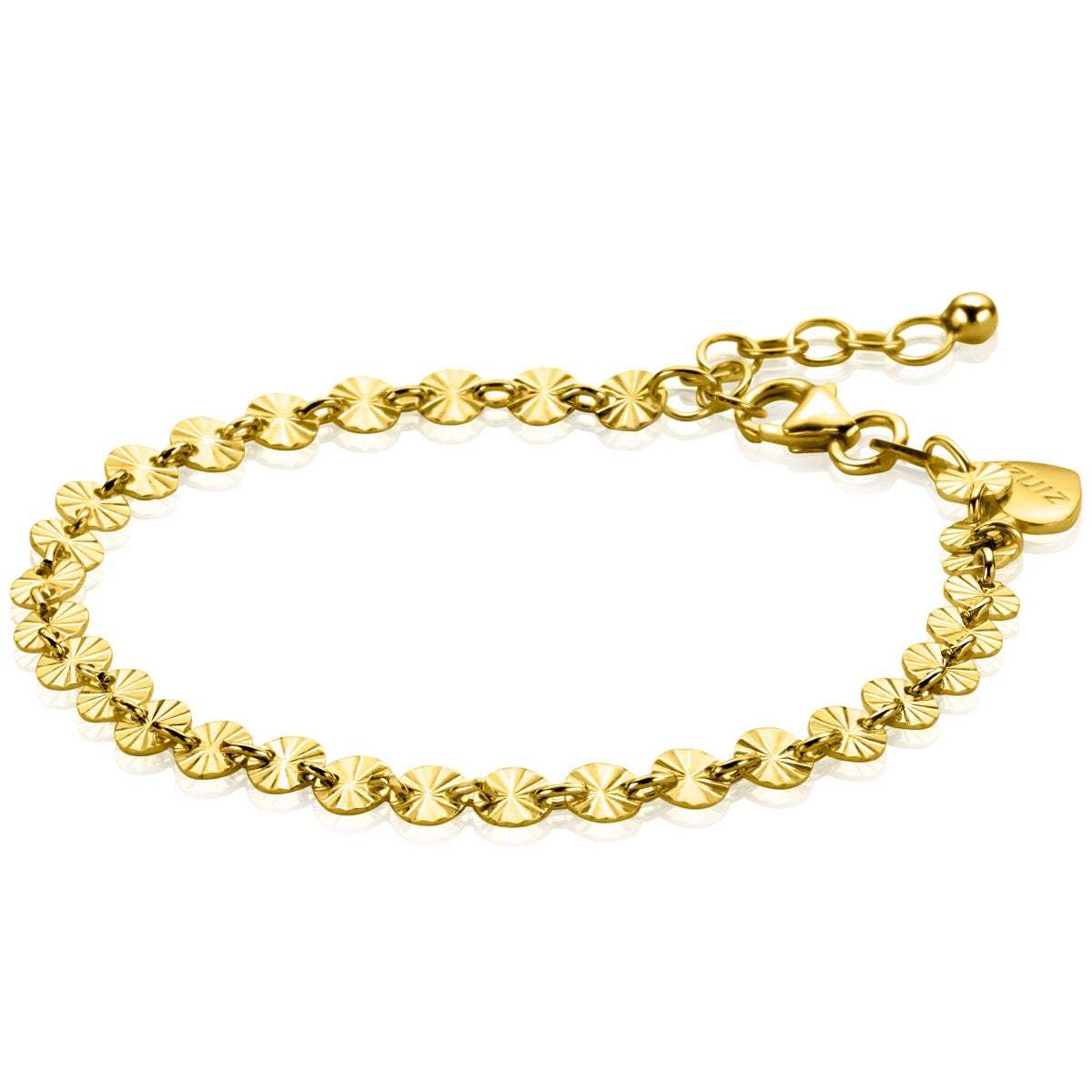 Gouden armband met een schakelpatroon en een verlengkettinkje.