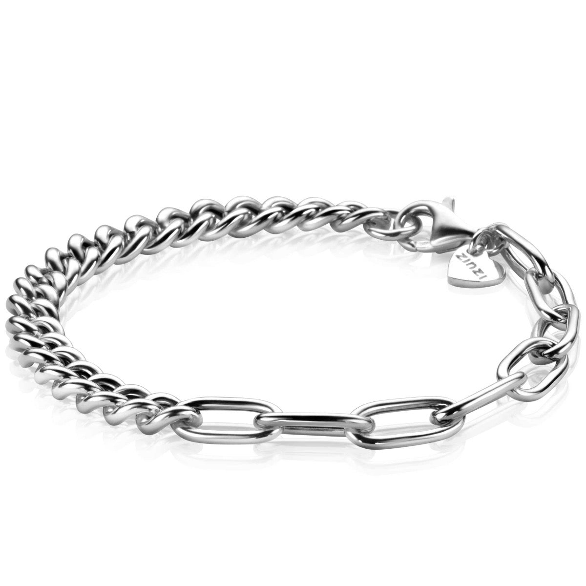 Zilveren armband met schakels in een combinatie van grote en kleine links, met een sluiting en hartvormig bedeltje.