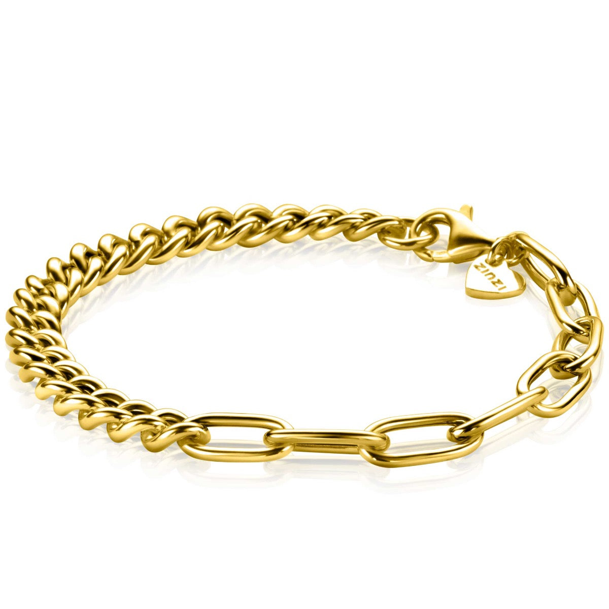 De Zinzi Armband Gold Plated Zia2285 G is een vergulde schakelarmband met dikke ovale en kleinere in elkaar grijpende schakels. Het heeft een karabijnsluiting met een hartvormige bedel en heeft een glanzende, gepolijste afwerking voor een elegante look.