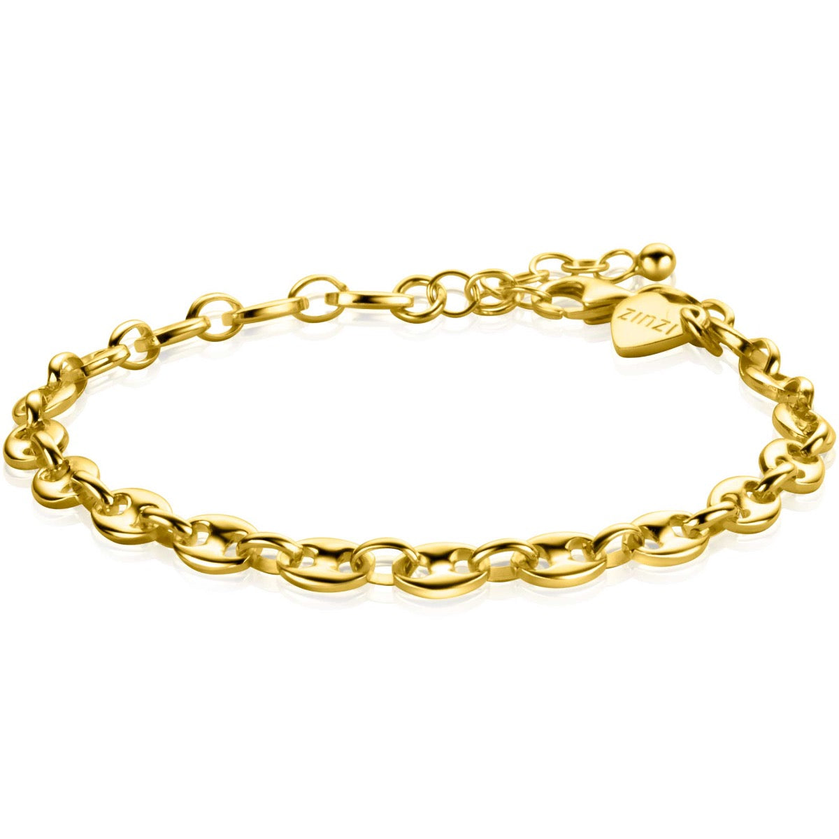 Gouden armband van schakels met een hartvormige sluiting.