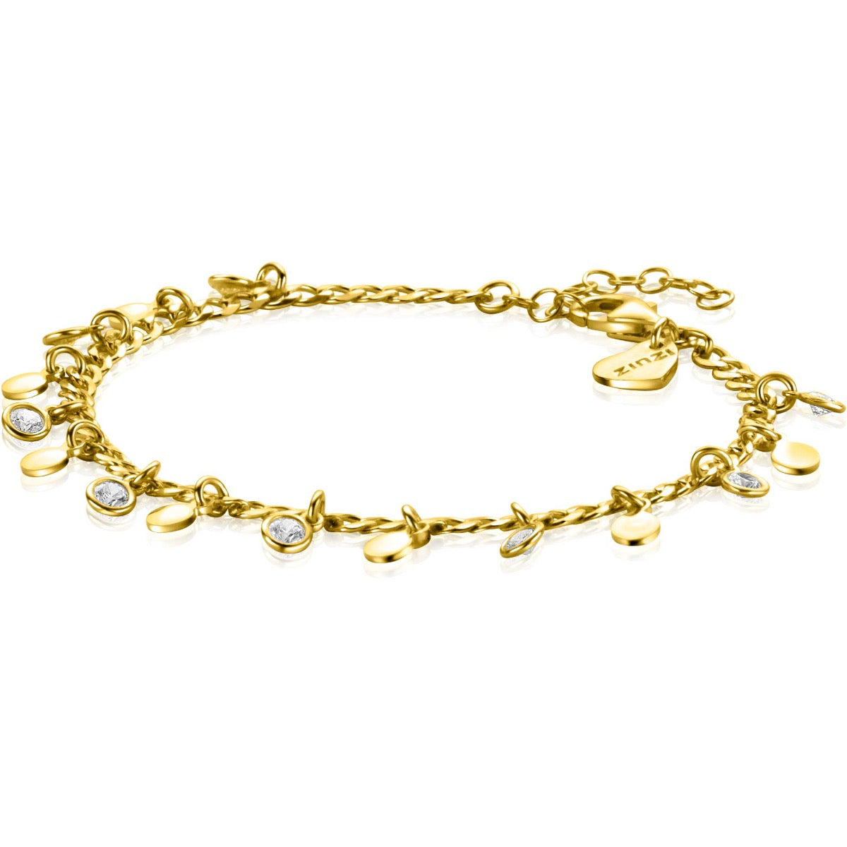 Gouden armband met hangende schijfjes en sprankelende steentjes, afgewerkt met een verlengketting.