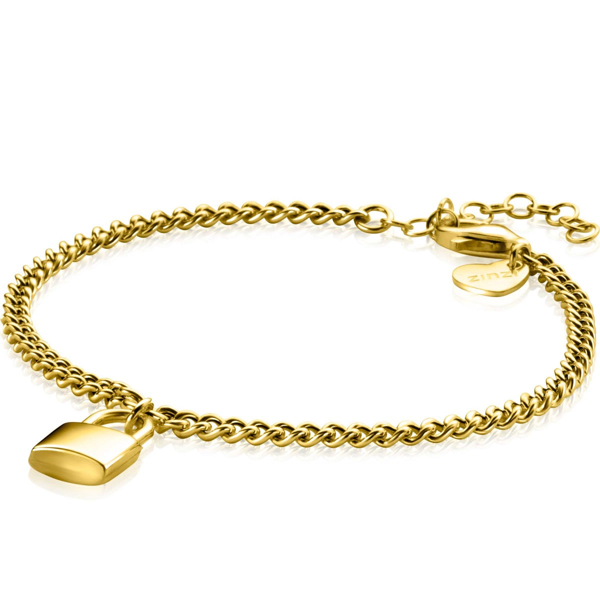 Gouden armband met een schakelontwerp en een hangend, glad plaatje.
