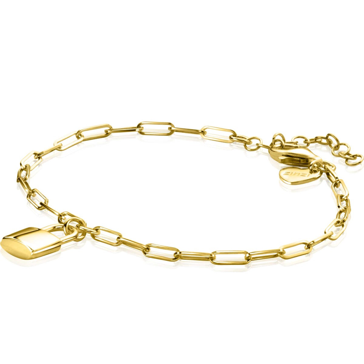 Gouden armband met schakels en een hangslotje, van goudplated materiaal.