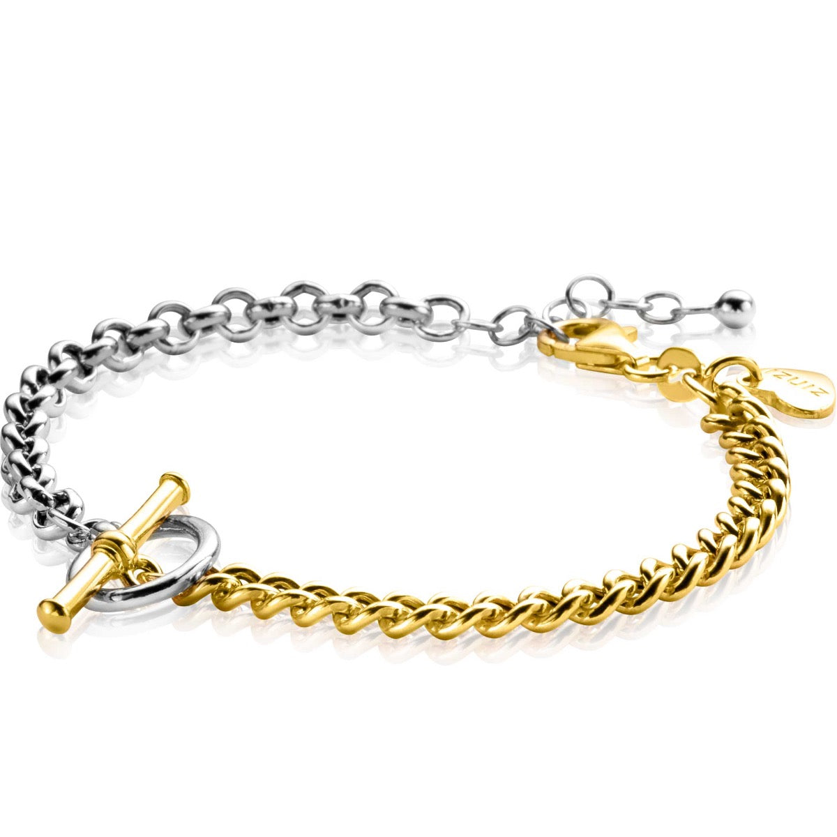 Zilveren armband met een combinatie van gladde en gedraaide schakels, en een gouden sluiting.