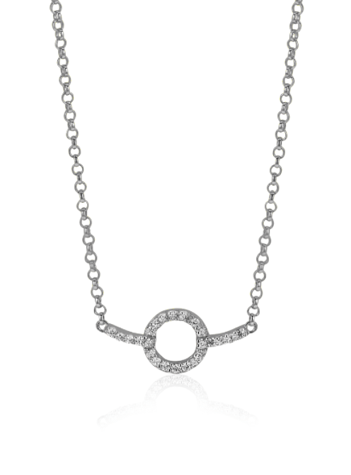 Zilveren ketting met een ronde hanger bezet met steentjes en een fijne schakelketting.