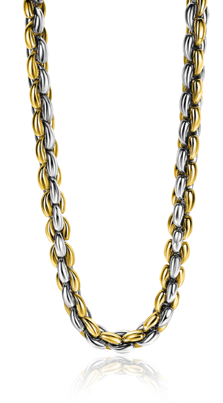 Gouden en zilveren ketting met schakels in een gedraaid ontwerp.