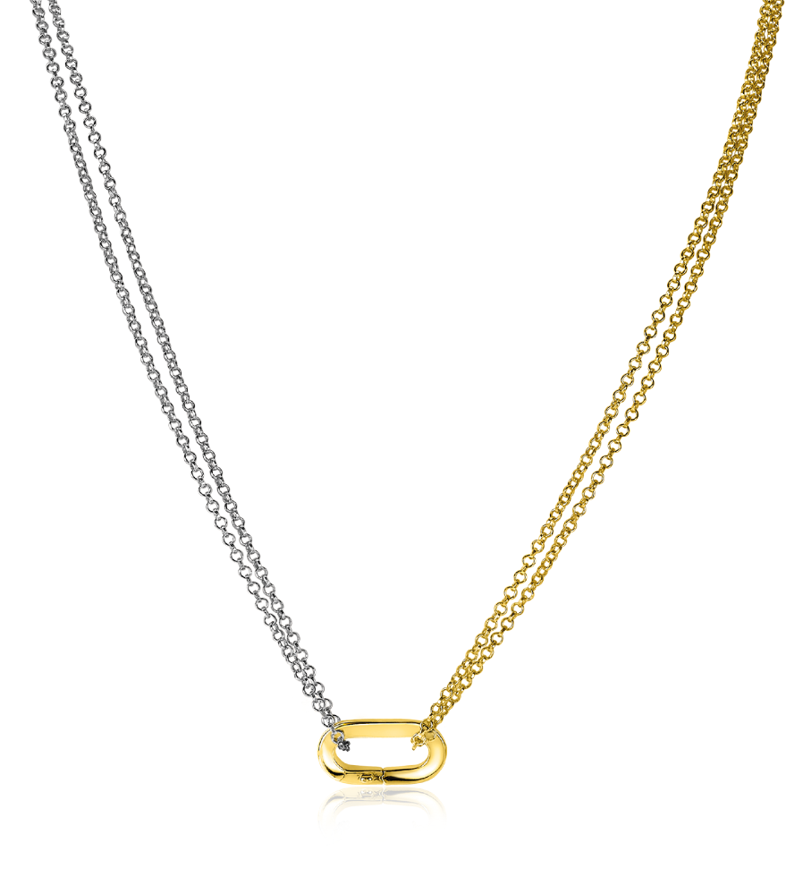 Ketting met een dubbele schakel in zilver en goud, met een opvallende ovale sluiting.