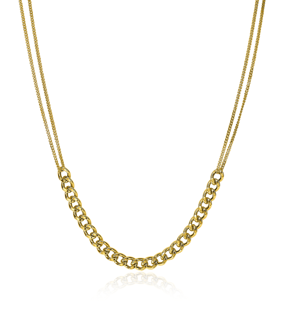 Gouden ketting met dubbele schakelstructuur en glanzende afwerking.