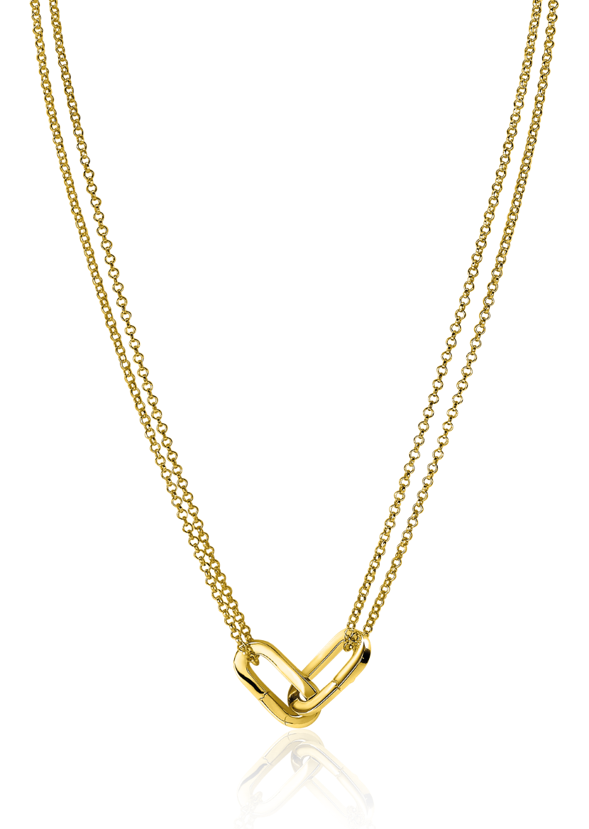 Gouden ketting met dubbele schakel en een hartvormige sluiting.
