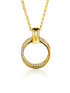 Gouden ketting met een ronde hanger, bezet met heldere steentjes.