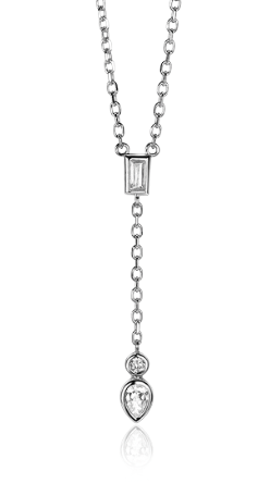 Zilveren ketting met een hangende druppelvormige en ronde zirconia-steentjes.